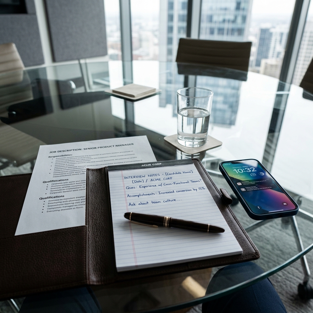 Job description printout, open portfolio with interview preparation notes on a glass desk