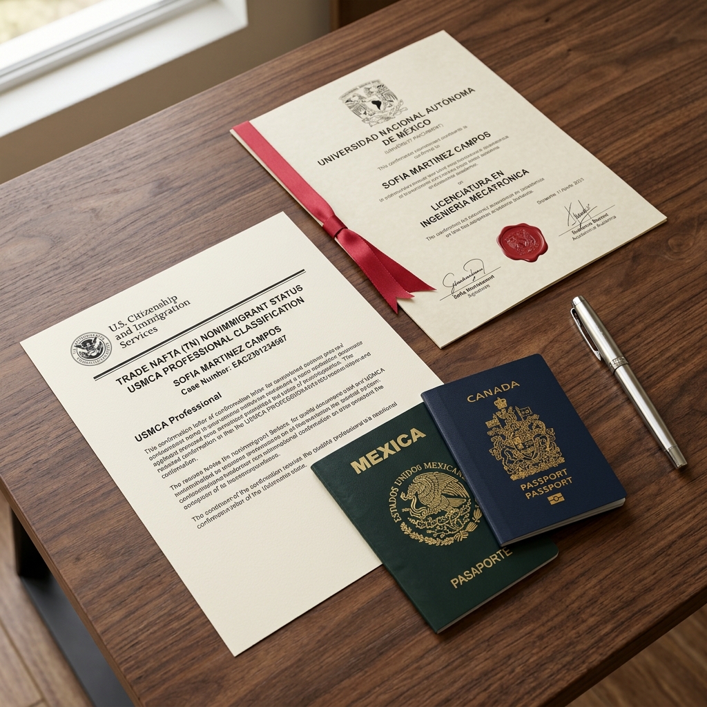 Canadian and Mexican passports next to a USMCA Professional classification document