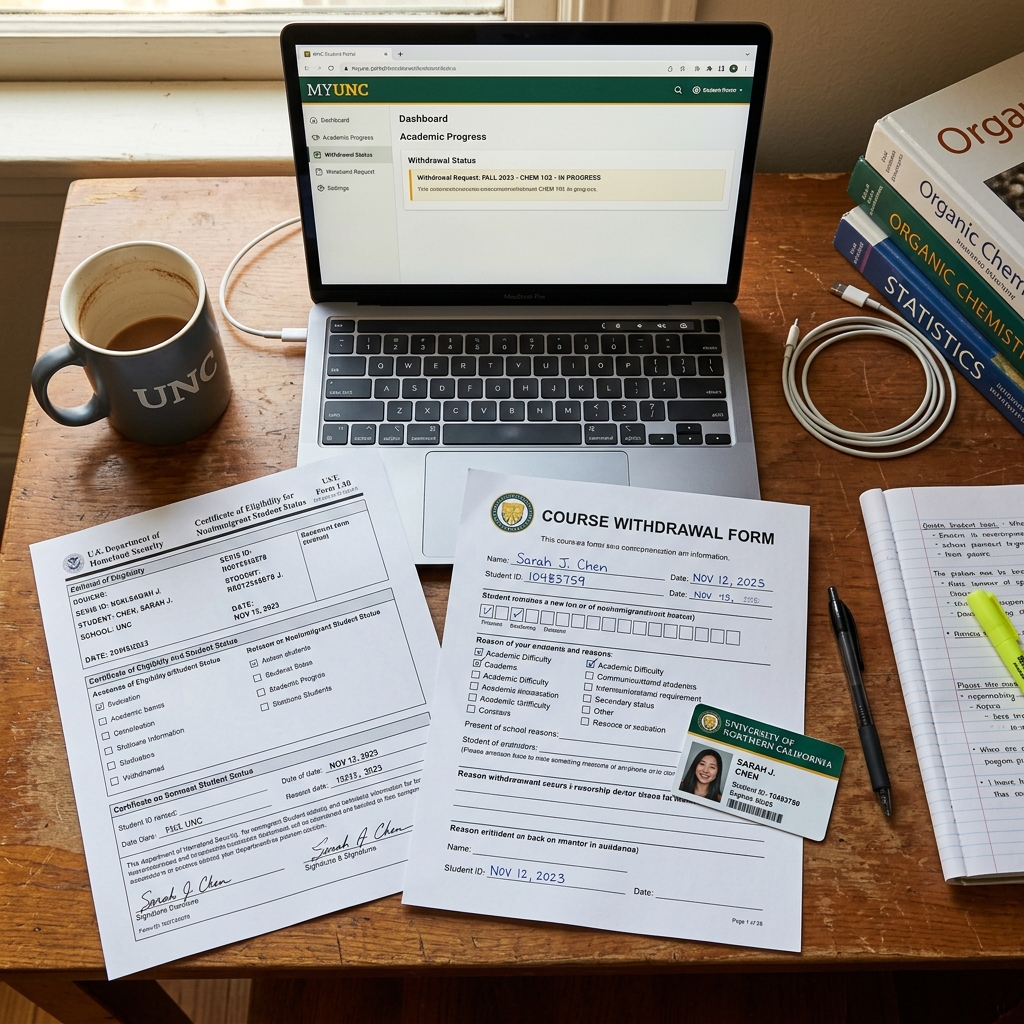 Academic desk with a Course Withdrawal Form, student ID, and a laptop showing a student portal